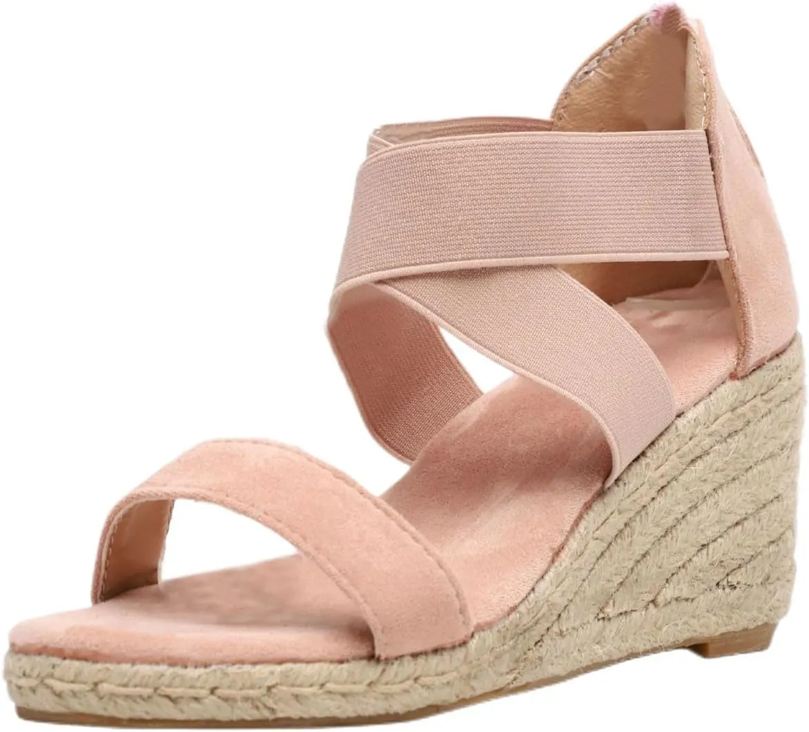 Womens Wedge Sandals Cross Ankle Strap Espadrilles Platform Summer Casual Dressy Shoes, Beach Breathable Slip on Wedge Sandals All Day Comfort