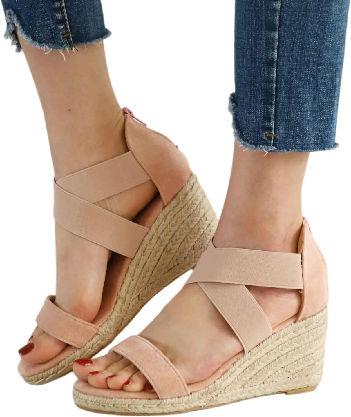 Womens Wedge Sandals Cross Ankle Strap Espadrilles Platform Summer Casual Dressy Shoes, Beach Breathable Slip on Wedge Sandals All Day Comfort