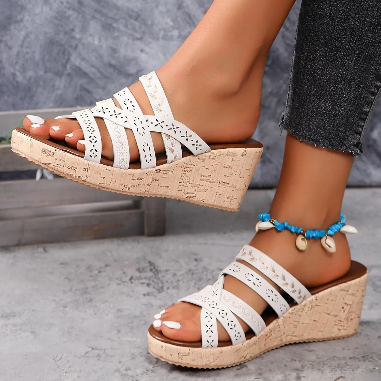 Women's Wide Width Wedge Slides Sandals Slip on Cork Platform Pumps Comfortable Open Toe Flip Flop Cross Strap Slipper