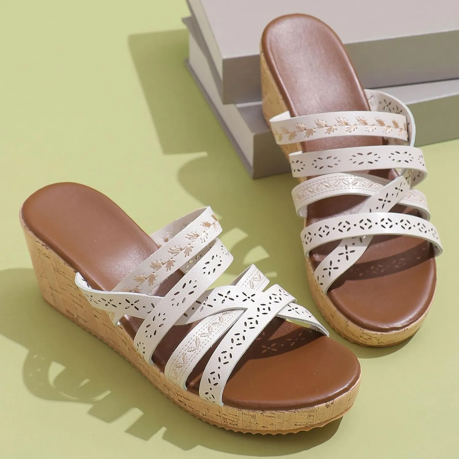 Women's Wide Width Wedge Slides Sandals Slip on Cork Platform Pumps Comfortable Open Toe Flip Flop Cross Strap Slipper