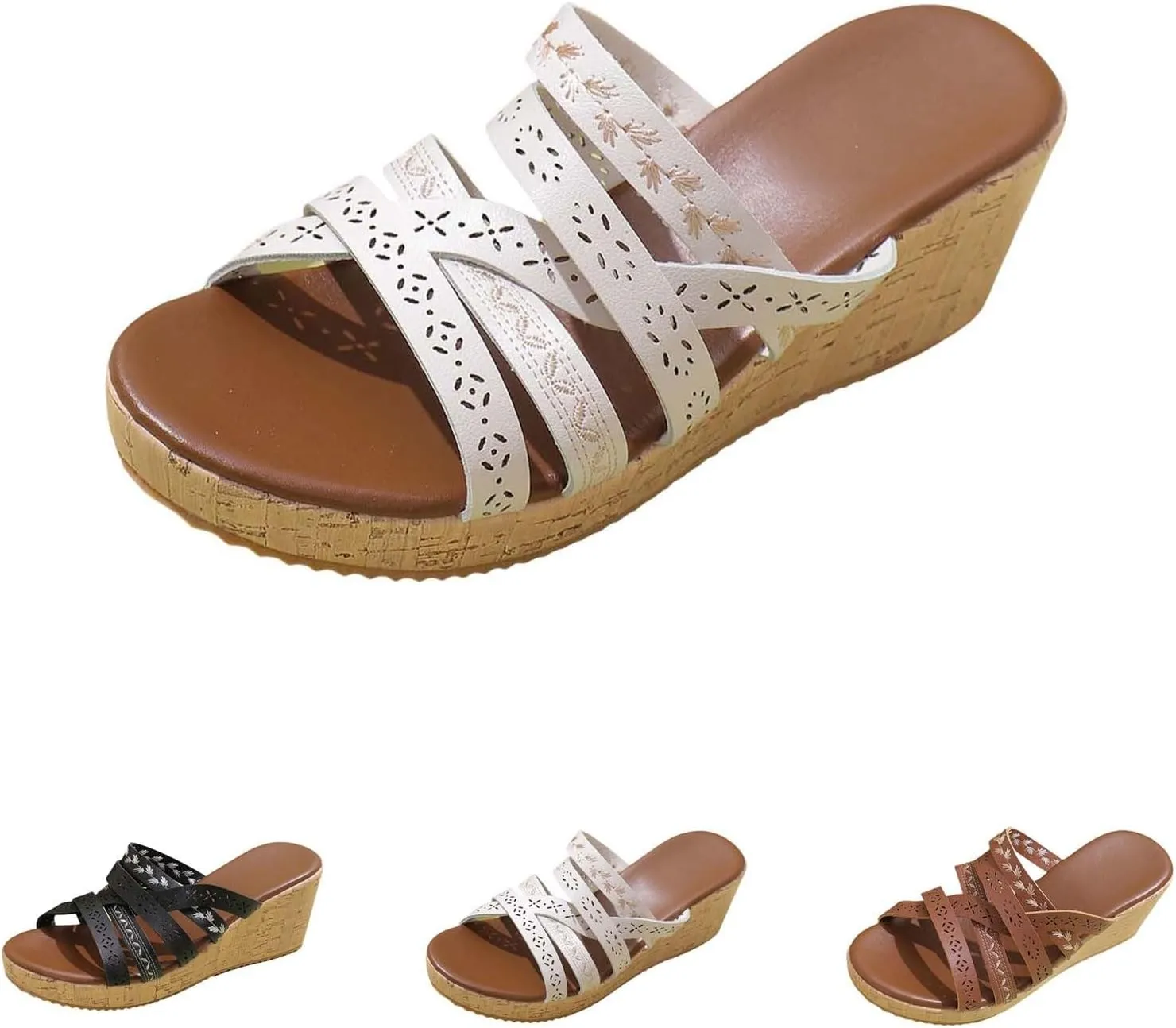Women's Wide Width Wedge Slides Sandals Slip on Cork Platform Pumps Comfortable Open Toe Flip Flop Cross Strap Slipper