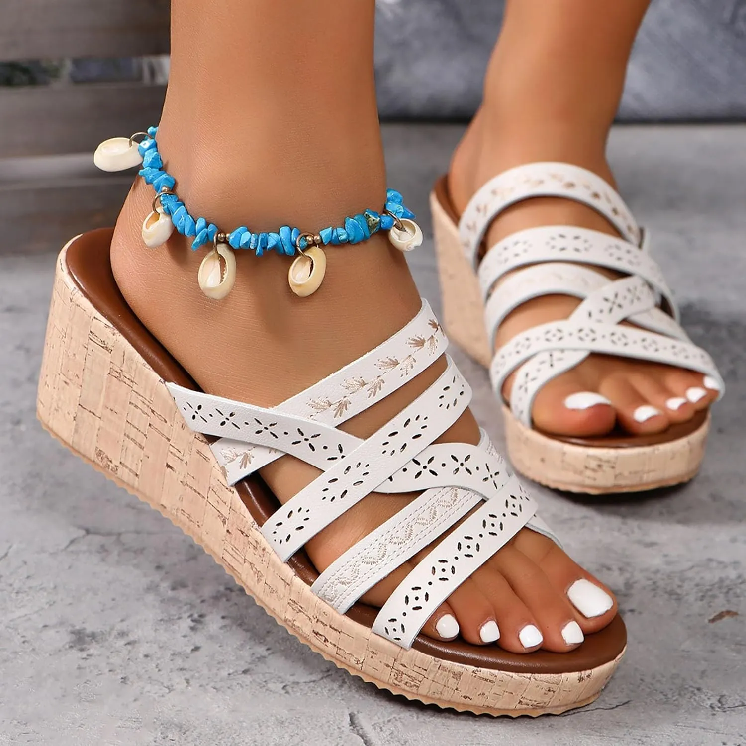 Women's Wide Width Wedge Slides Sandals Slip on Cork Platform Pumps Comfortable Open Toe Flip Flop Cross Strap Slipper