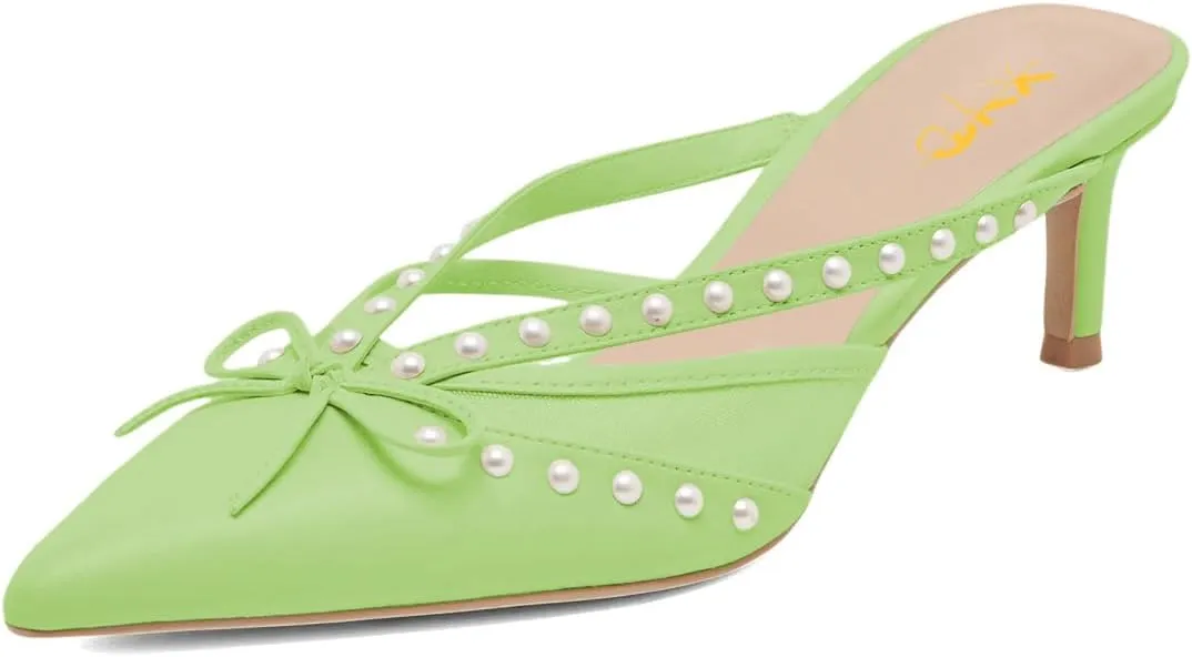 XYD Women Closed Pointed Toe Bowknot Mules Comfortable Low Heels Glossy Pearls Slip On Slides Party Dress Shoes