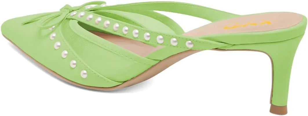 XYD Women Closed Pointed Toe Bowknot Mules Comfortable Low Heels Glossy Pearls Slip On Slides Party Dress Shoes