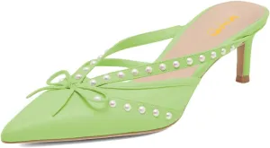 XYD Women Closed Pointed Toe Bowknot Mules Comfortable Low Heels Glossy Pearls Slip On Slides Party Dress Shoes