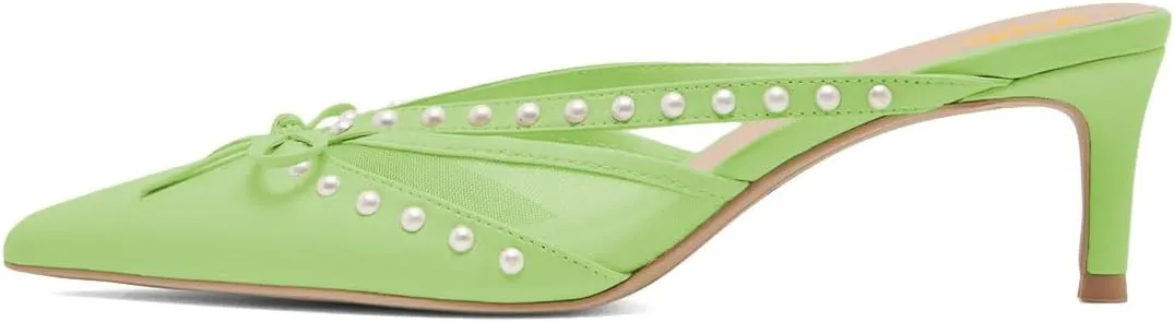XYD Women Closed Pointed Toe Bowknot Mules Comfortable Low Heels Glossy Pearls Slip On Slides Party Dress Shoes