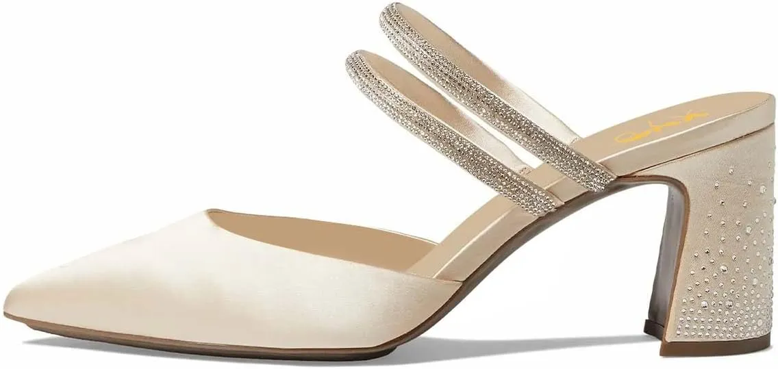 XYD Women Two Crystal Straps Pointed Toe Satin Mules Block Low Heel Slip-ons Sparkling Studs Dress Shoes