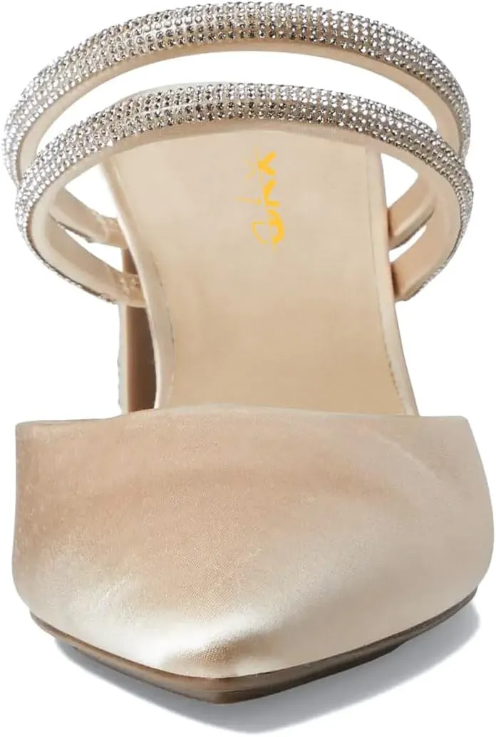XYD Women Two Crystal Straps Pointed Toe Satin Mules Block Low Heel Slip-ons Sparkling Studs Dress Shoes