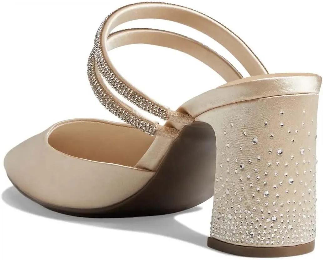 XYD Women Two Crystal Straps Pointed Toe Satin Mules Block Low Heel Slip-ons Sparkling Studs Dress Shoes
