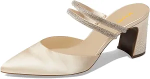 XYD Women Two Crystal Straps Pointed Toe Satin Mules Block Low Heel Slip-ons Sparkling Studs Dress Shoes