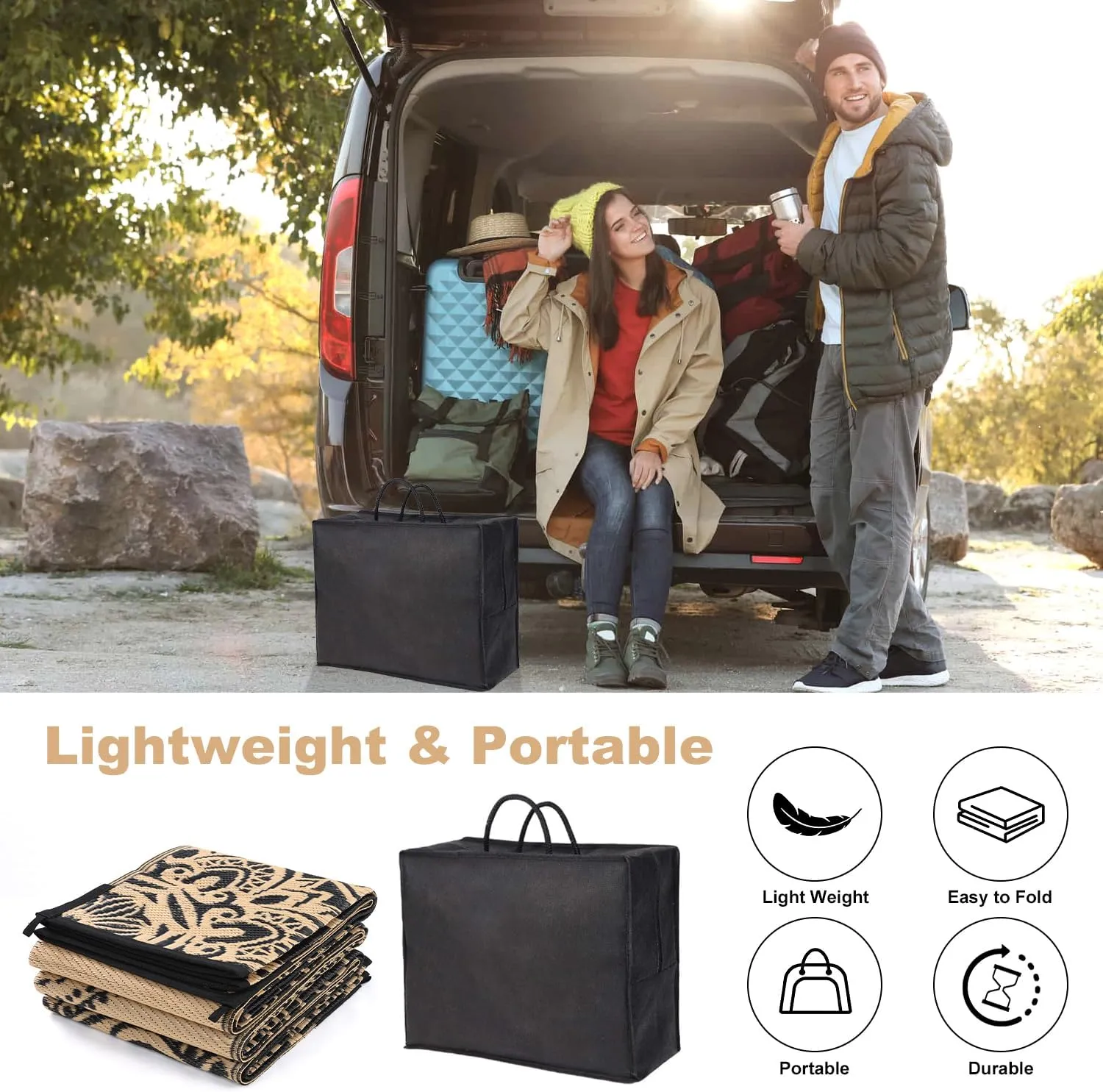 Yamaziot Outdoor Rug 6' x 9', Waterproof Reversible Plastic Straw Rug, Large Outdoor Rugs Mats RV, Picnic, Backyard, Balcony, Porch, Beach, Black Brown