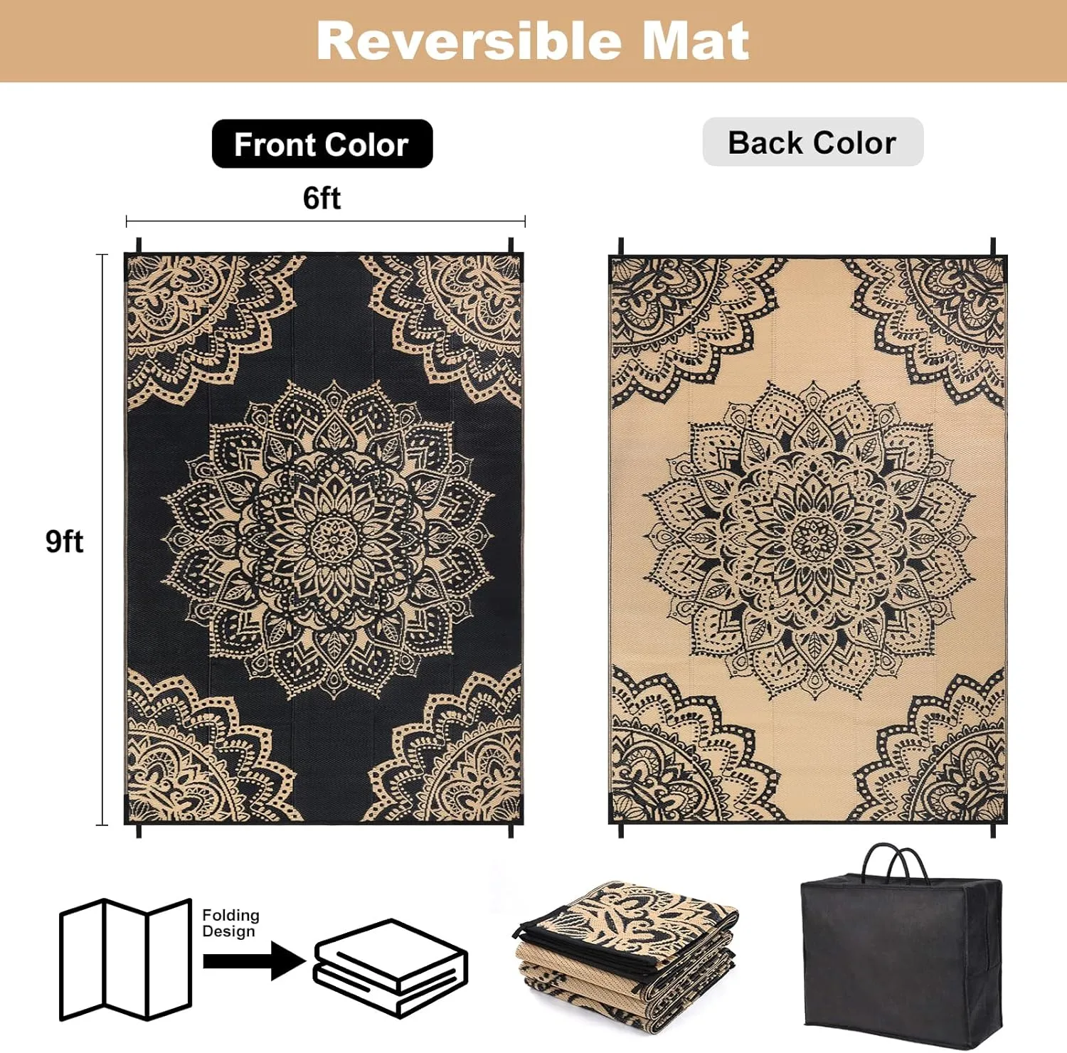 Yamaziot Outdoor Rug 6' x 9', Waterproof Reversible Plastic Straw Rug, Large Outdoor Rugs Mats RV, Picnic, Backyard, Balcony, Porch, Beach, Black Brown