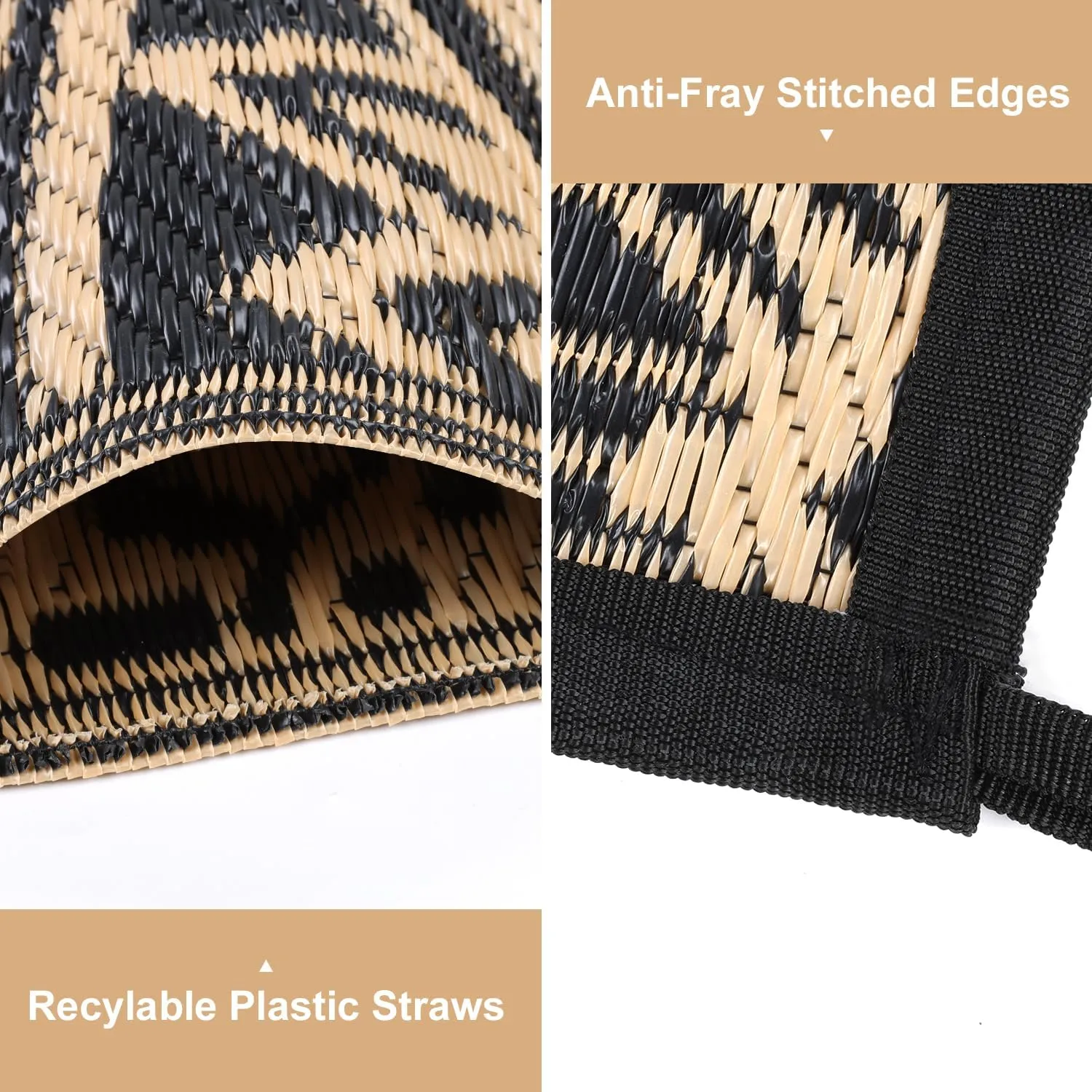 Yamaziot Outdoor Rug 6' x 9', Waterproof Reversible Plastic Straw Rug, Large Outdoor Rugs Mats RV, Picnic, Backyard, Balcony, Porch, Beach, Black Brown