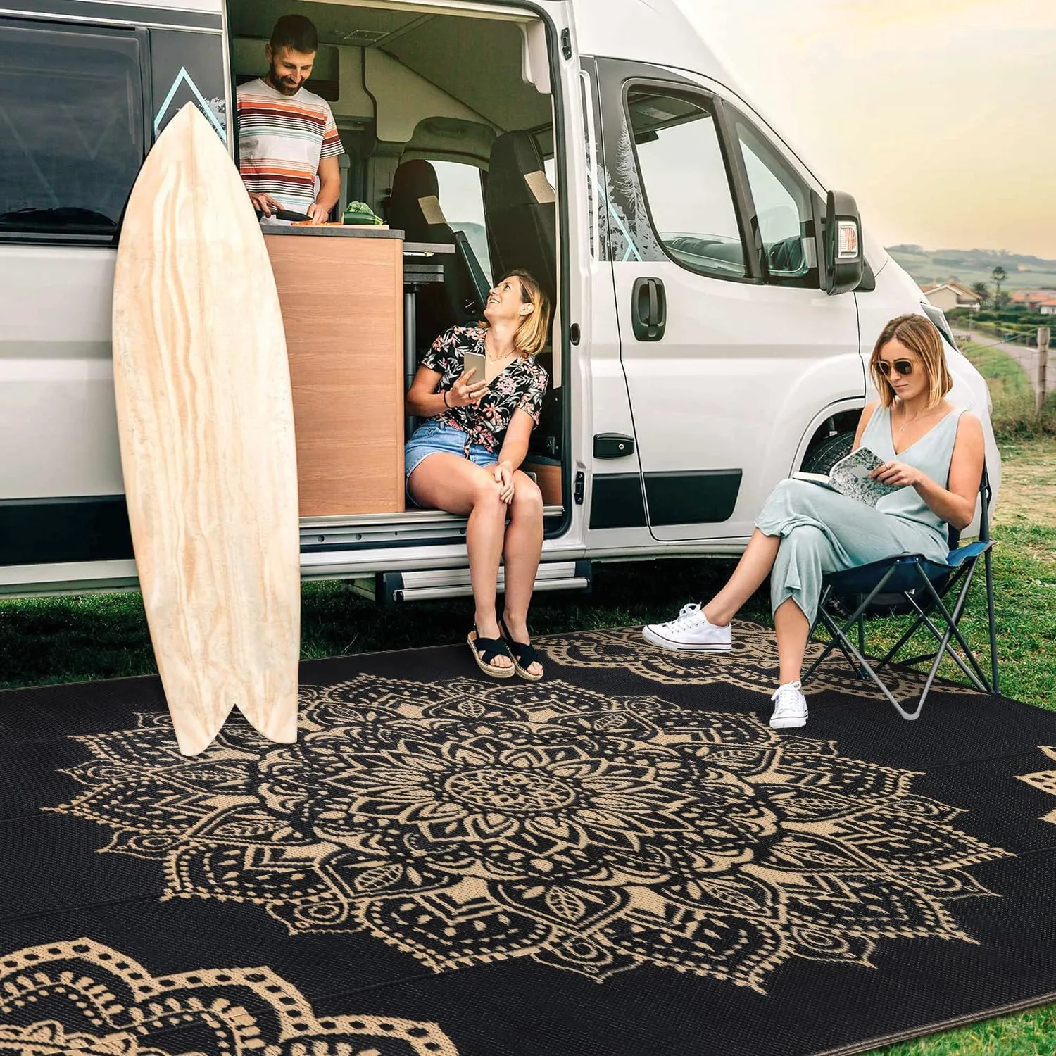 Yamaziot Outdoor Rug 6' x 9', Waterproof Reversible Plastic Straw Rug, Large Outdoor Rugs Mats RV, Picnic, Backyard, Balcony, Porch, Beach, Black Brown