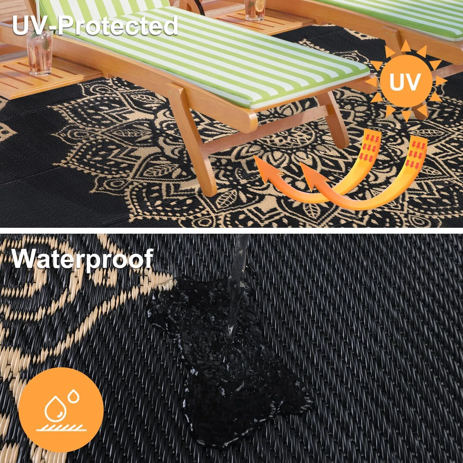 Yamaziot Outdoor Rug 6' x 9', Waterproof Reversible Plastic Straw Rug, Large Outdoor Rugs Mats RV, Picnic, Backyard, Balcony, Porch, Beach, Black Brown