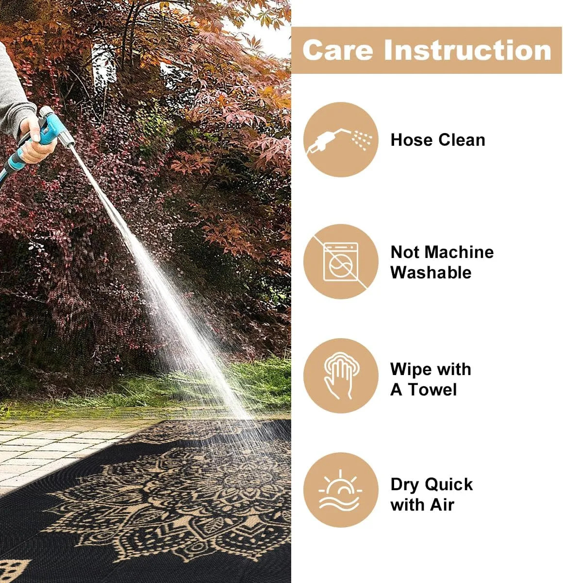 Yamaziot Outdoor Rug 6' x 9', Waterproof Reversible Plastic Straw Rug, Large Outdoor Rugs Mats RV, Picnic, Backyard, Balcony, Porch, Beach, Black Brown