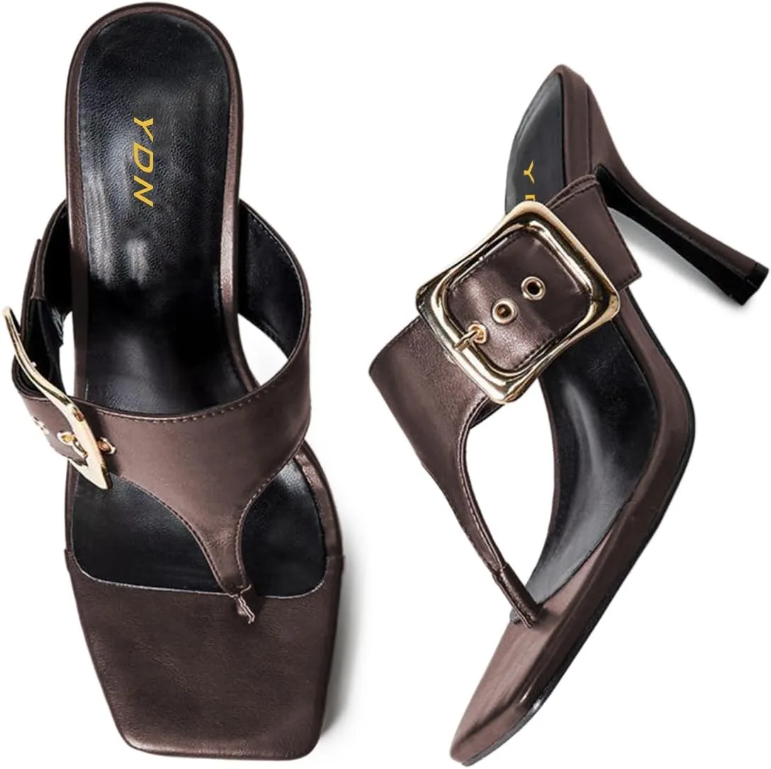YDN Women Chic Open Square Toe Flip-Flop Kitten Mid Heels T-strap Buckled Slip On Thong Slide Shoes for Indoor and Outdoor Summer Daily Size 4-16 US