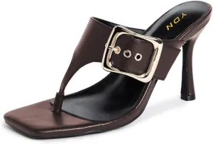 YDN Women Chic Open Square Toe Flip-Flop Kitten Mid Heels T-strap Buckled Slip On Thong Slide Shoes for Indoor and Outdoor Summer Daily Size 4-16 US