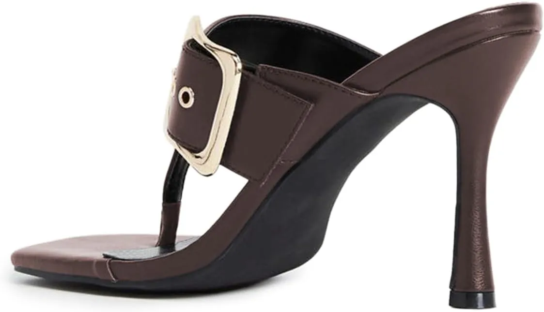 YDN Women Chic Open Square Toe Flip-Flop Kitten Mid Heels T-strap Buckled Slip On Thong Slide Shoes for Indoor and Outdoor Summer Daily Size 4-16 US