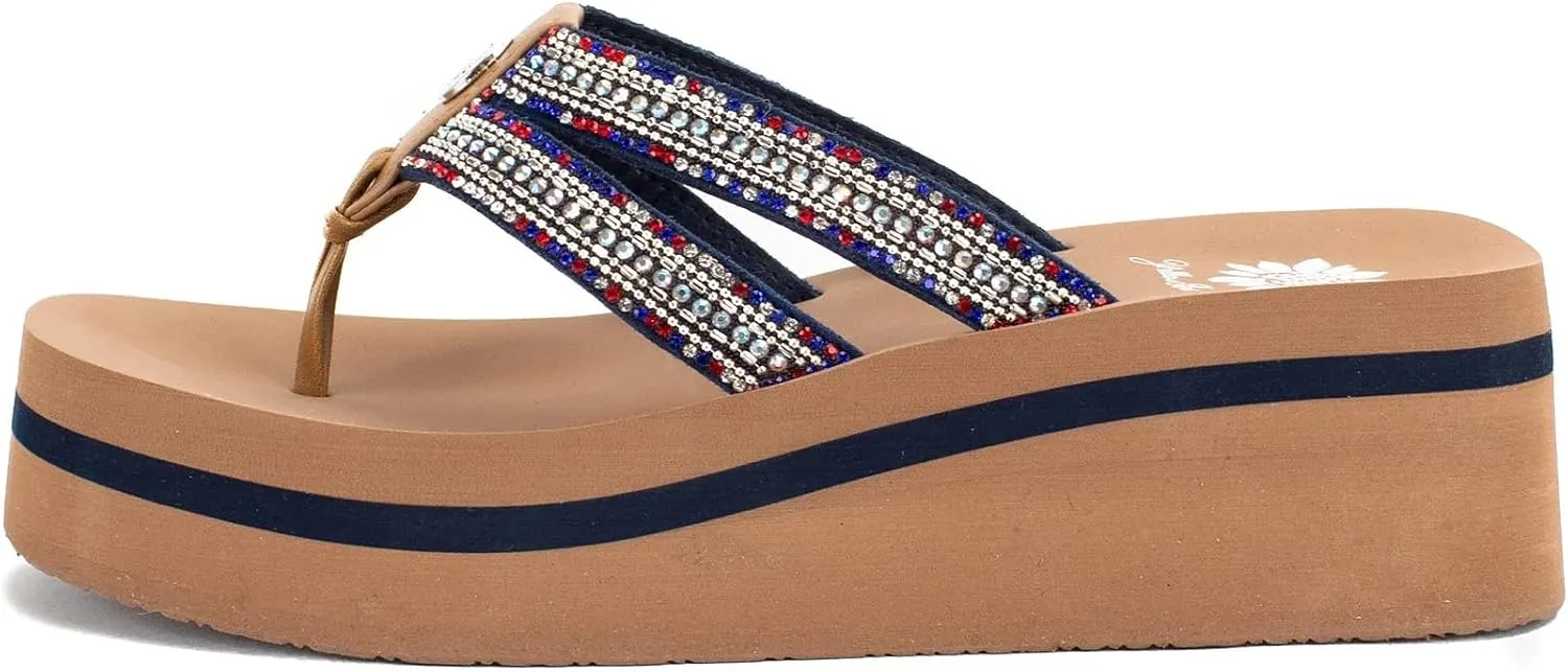 Yellow Box Women's Krista Flatform Flip-Flop, Platform Sandal, Sparkling Rhinestones, Medium-Height Wedge