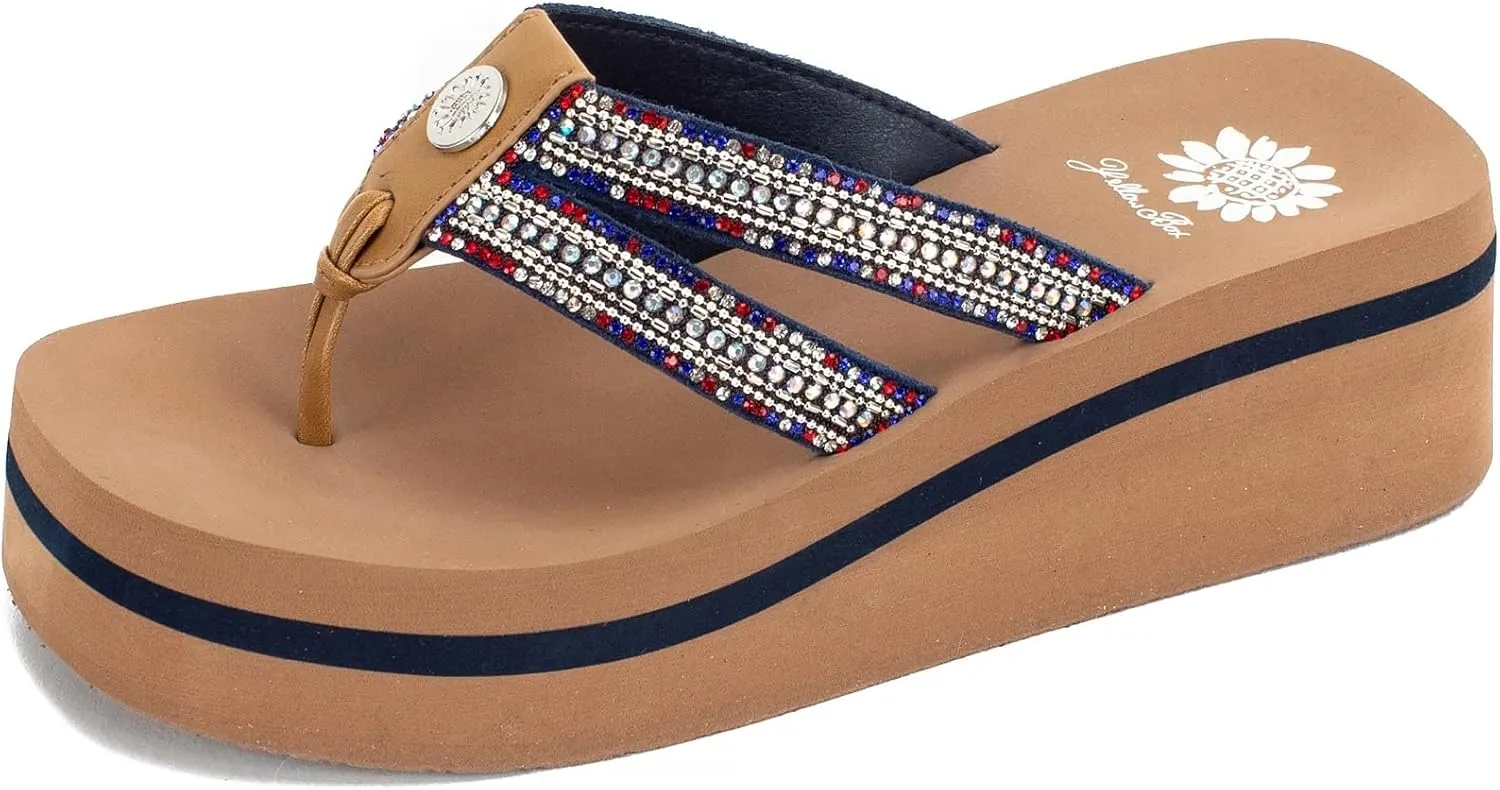 Yellow Box Women's Krista Flatform Flip-Flop, Platform Sandal, Sparkling Rhinestones, Medium-Height Wedge