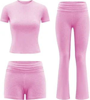 ZFLM Fashion and Casual Women's 3-Piece Set Short Sleeved High Waist Folded Shorts Bellbottom Pants Sports Set