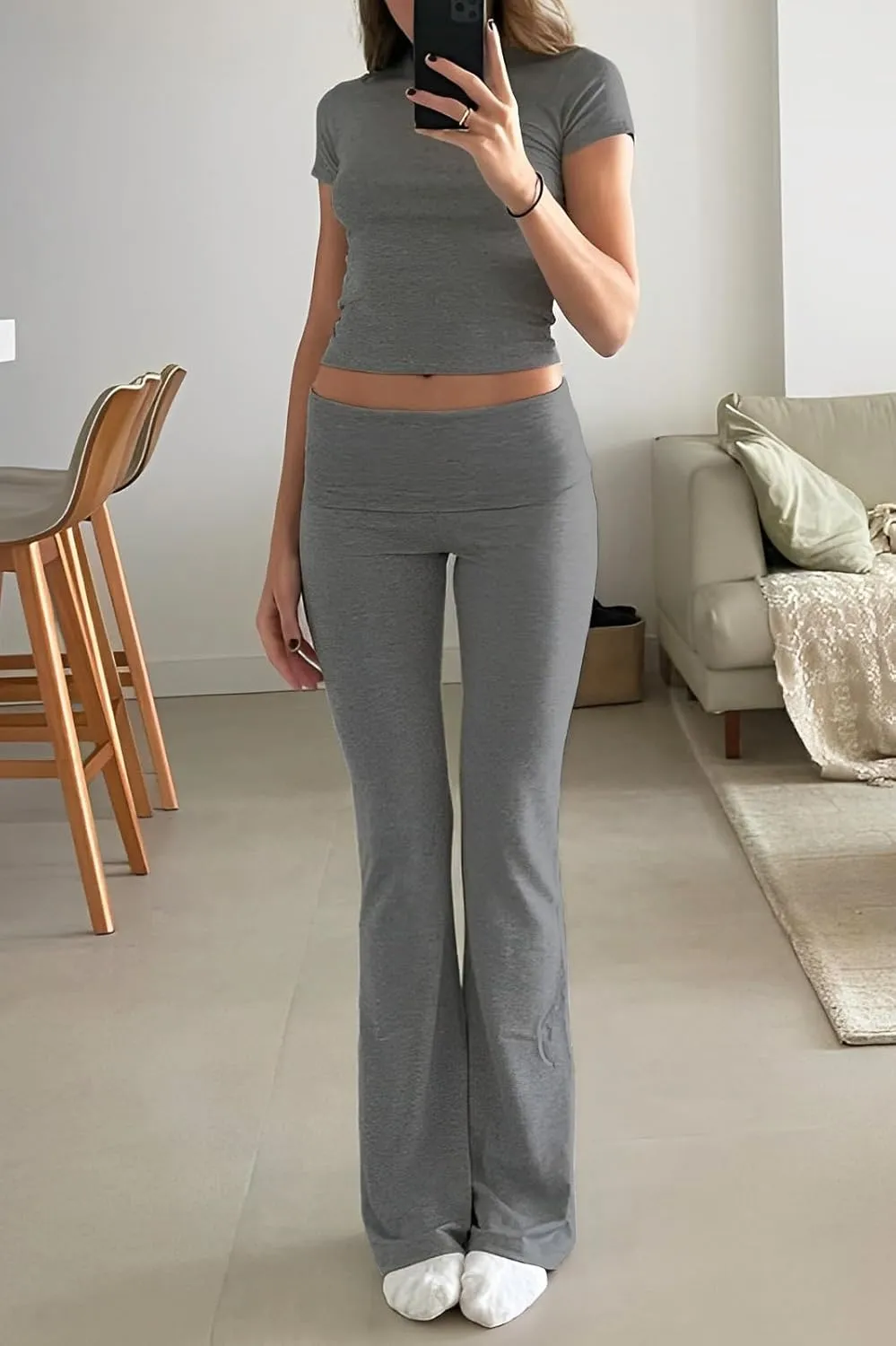 ZFLM Fashion and Casual Women's 3-Piece Set Short Sleeved High Waist Folded Shorts Bellbottom Pants Sports Set