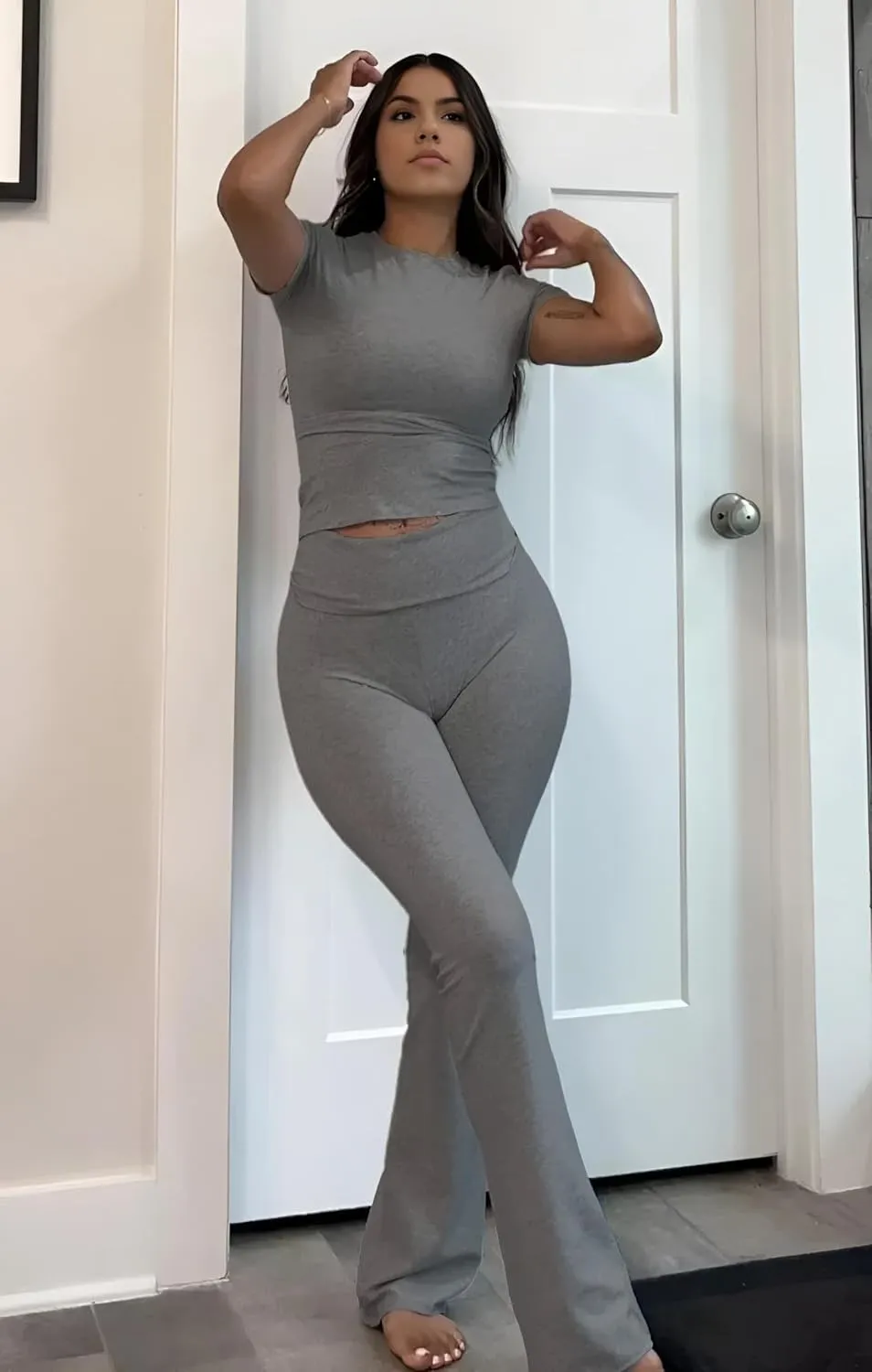 ZFLM Fashion and Casual Women's 3-Piece Set Short Sleeved High Waist Folded Shorts Bellbottom Pants Sports Set