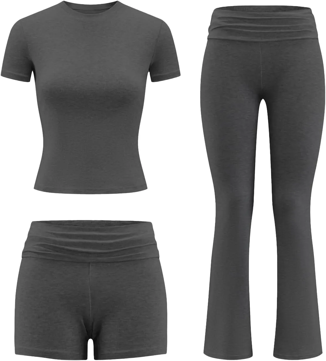 ZFLM Fashion and Casual Women's 3-Piece Set Short Sleeved High Waist Folded Shorts Bellbottom Pants Sports Set
