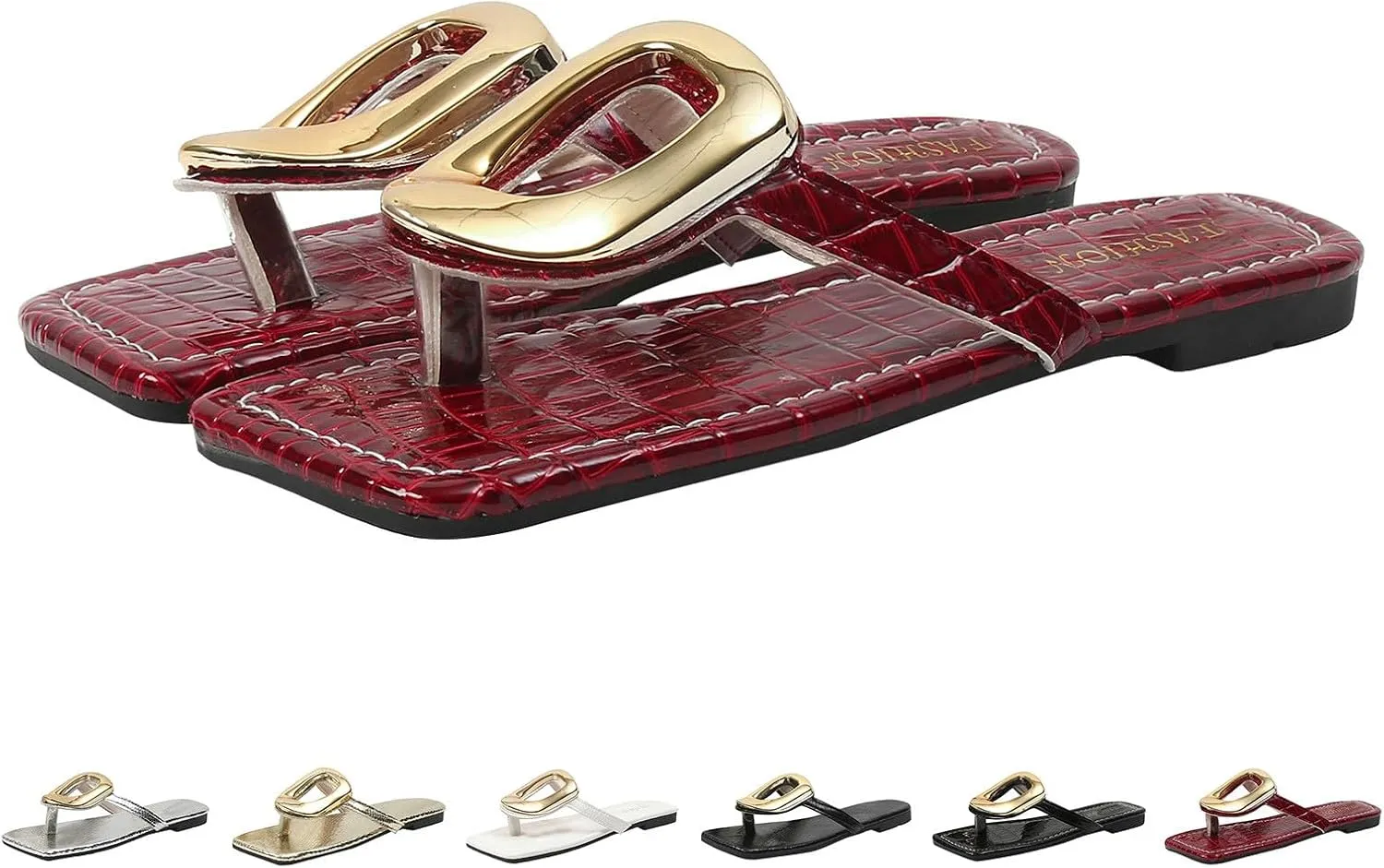 ZSpzx Women's Flat Sandals,Square Open Toe Dressy Summer Sandals for Women 2025 Womens Slipper Slip On Leather Slides Metal Chain Slippers Comfortable Thong Flip Flops Beach Casual Slide Shoes